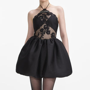 SELF PORTRAIT SS24 Black Taffeta Halterneck Mini Dress