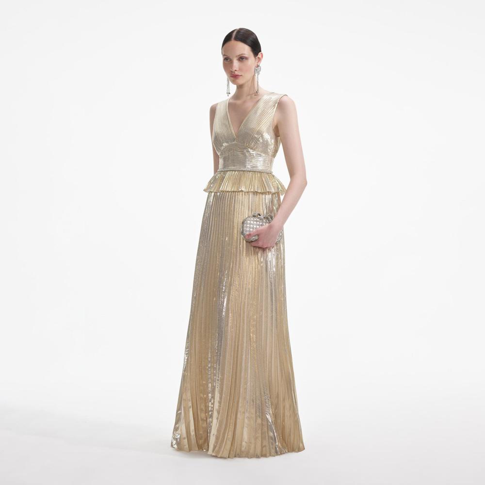 SELF PORTRAIT SS24 Gold Metallic V-Neck Maxi Dress