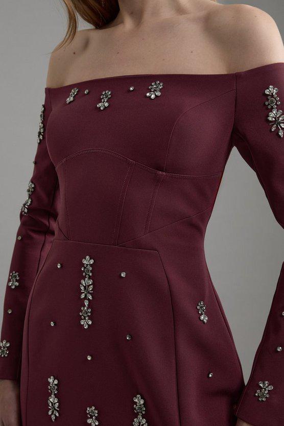 Karen Millen UK SALE Crystal Embellished Corset Detail Bardot Woven Midaxi Dress - plum