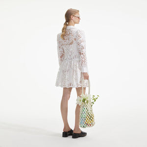 SELF PORTRAIT SS24 White Cotton Lace Mini Shirt Dress