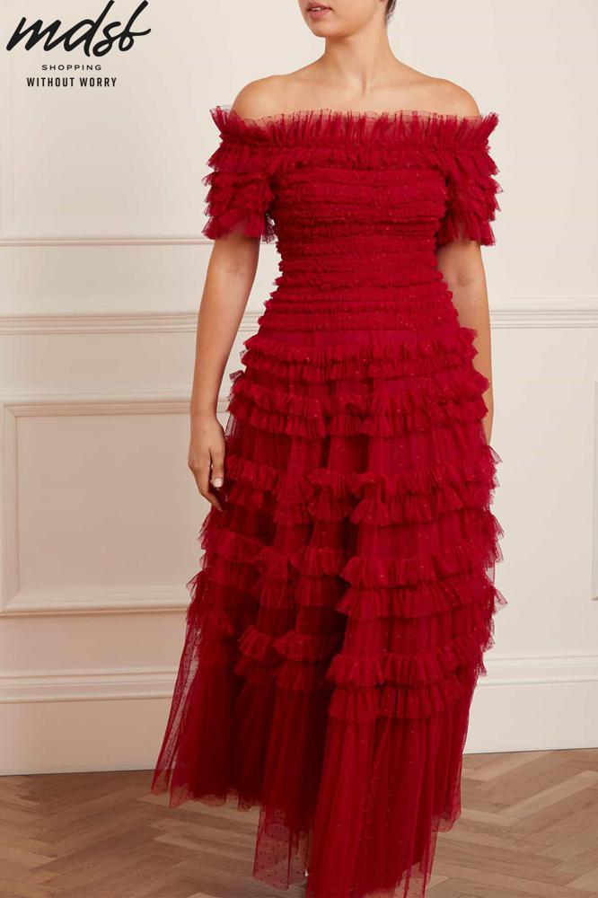 Needle & Thread CHRISTMAS SALE Lisette Ruffle Off Shoulder Gown - red