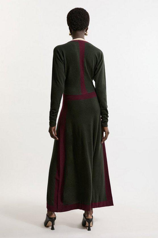 Karen Millen UK SALE Wool Blend With Cashmere V Neck Colour Block Dress - olive