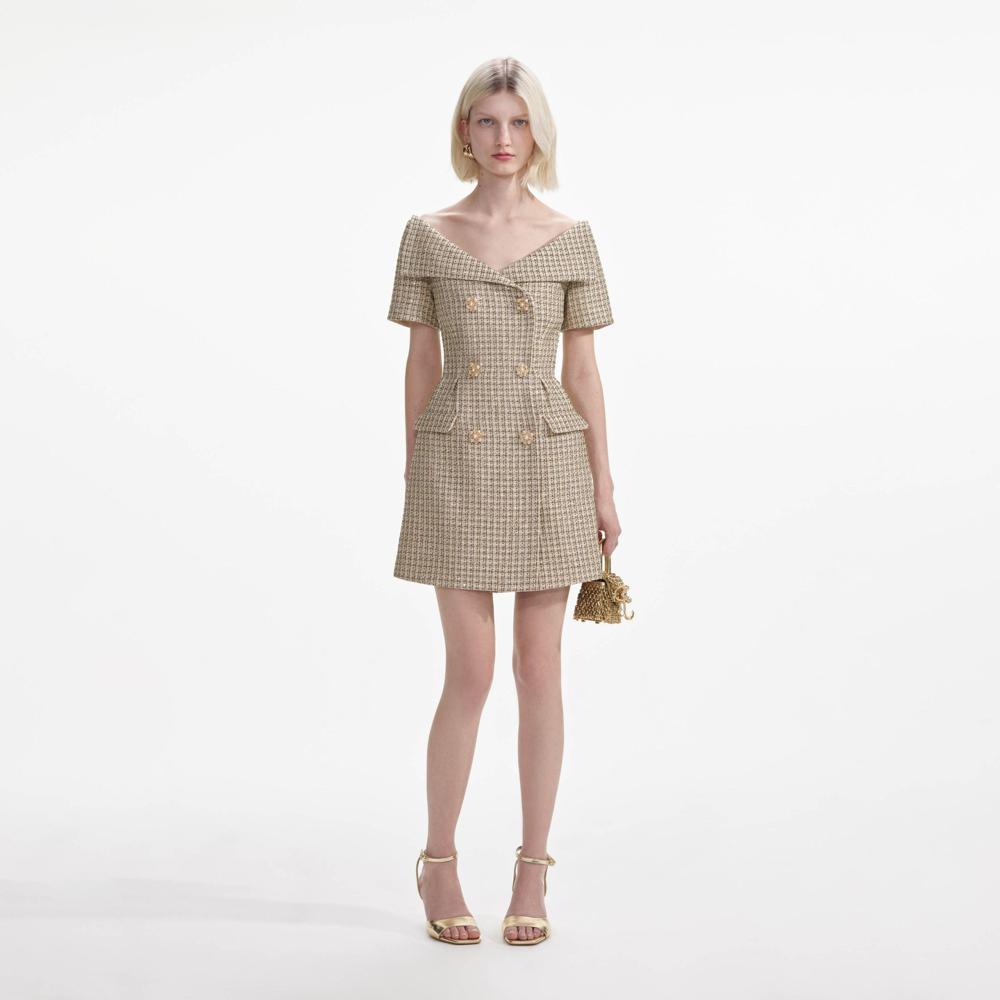 SELF PORTRAIT VIP SS24 Gold Boucle Open Neck Mini Dress