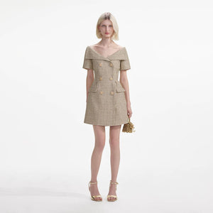 SELF PORTRAIT SS24 Gold Boucle Open Neck Mini Dress