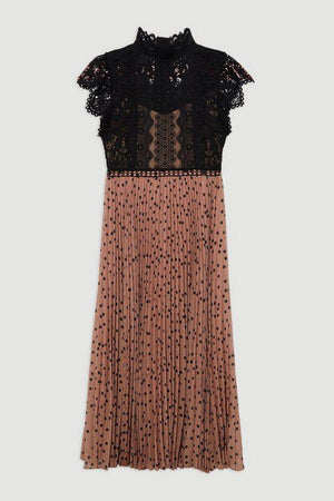 Karen Millen UK SALE Guipure Lace Dot Pleated Skirt Midi Dress - nude