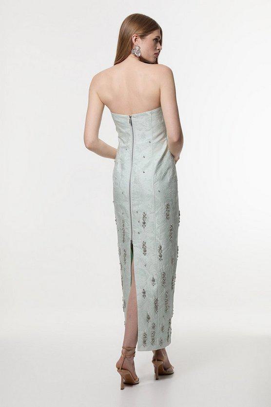 Karen Millen UK SALE Texture Jacquard Crystal Embellished Strapless Mini Dress - sage