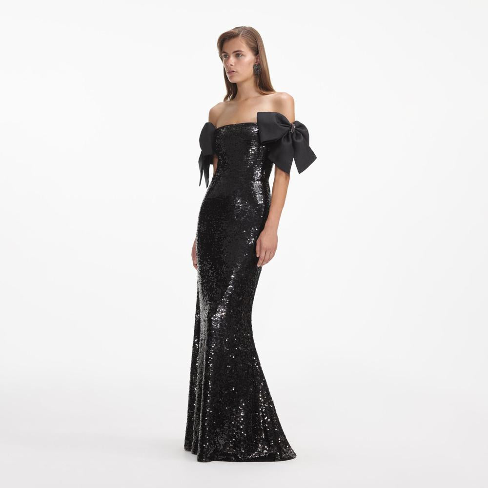 SELF PORTRAIT SS24 Black Sequin Bow Maxi Dress