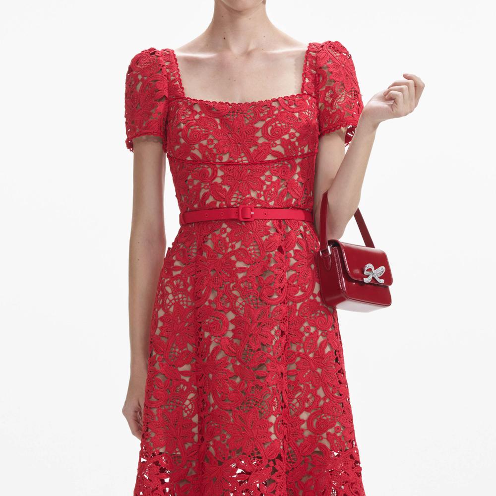 SELF PORTRAIT SS24 Red Floral Lace Midi Dress