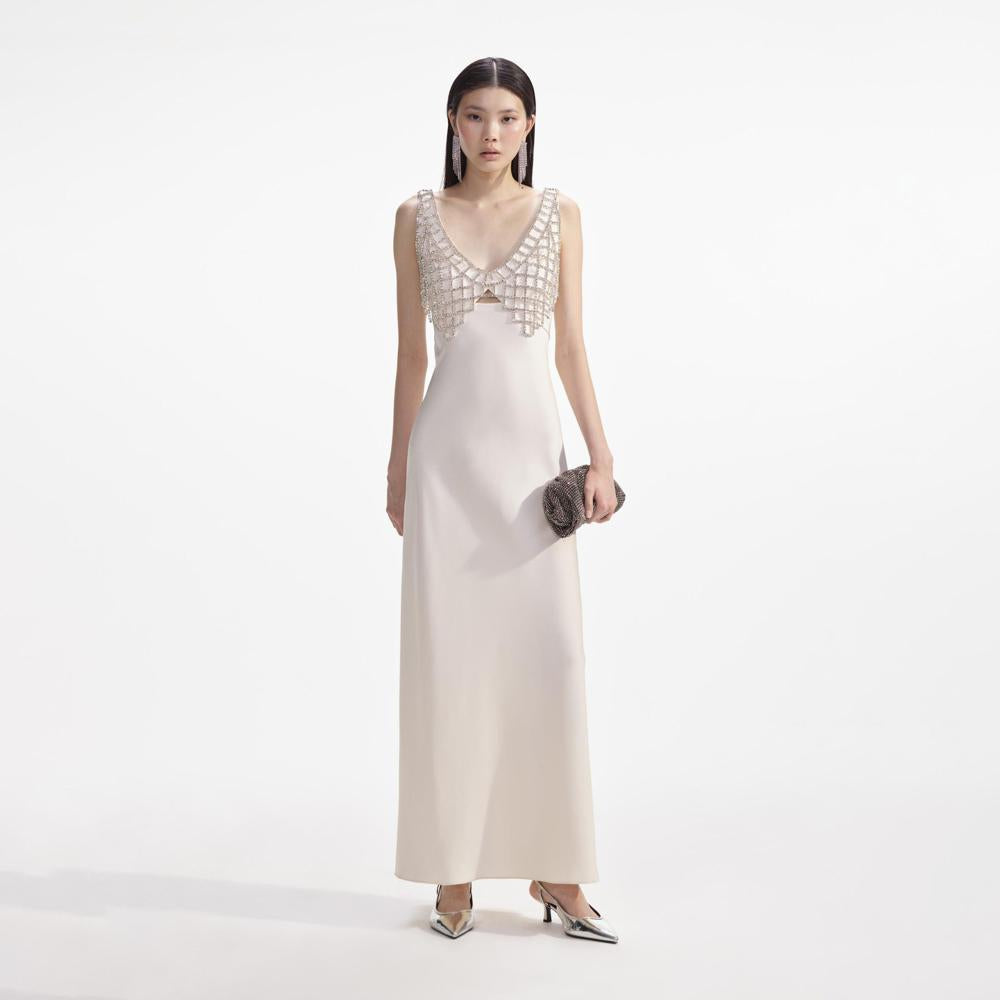 SELF PORTRAIT SS24 Cream Satin Diamante Bralette Maxi Dress