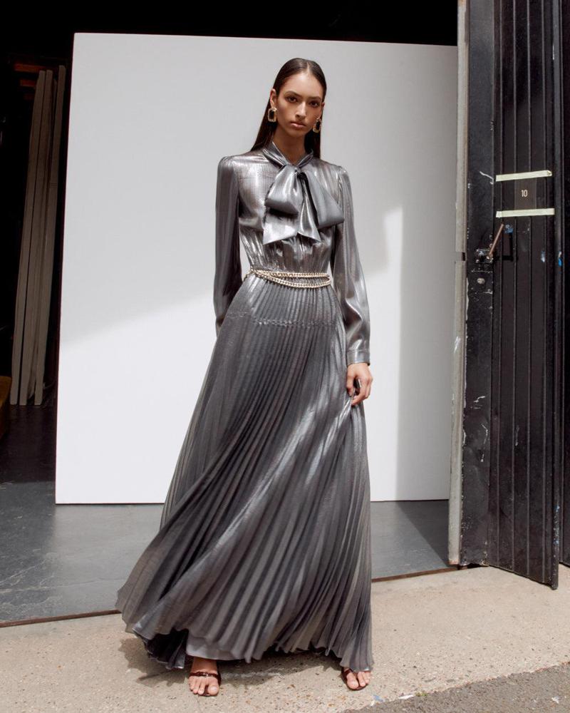 SP VIP PRICE Grey Metallic Tie Neck Maxi Dress