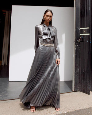 SP VIP PRICE Grey Metallic Tie Neck Maxi Dress