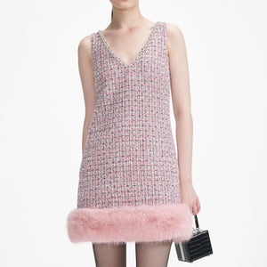 SP VIP PRICE Pink Boucle Fur Hem Mini Dress