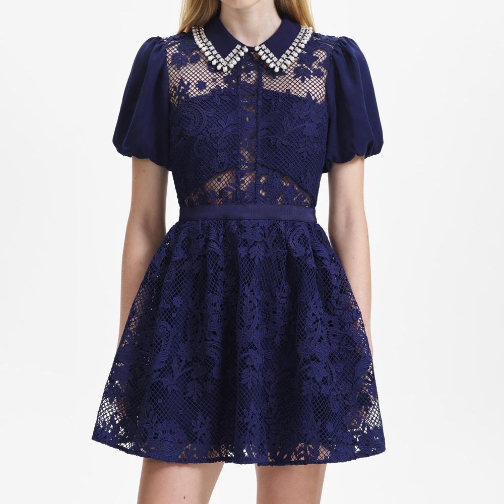 SELF PORTRAIT BLACK FRIDAY SALE Navy Lace Diamante Collar Mini Dress