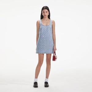 SELF PORTRAIT SS24 Square Rhinestone Denim Mini Dress