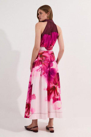 Karen Millen UK SALE Placed Floral Taffeta Belted Woven Maxi Shirt Dress