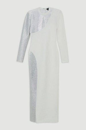 Karen Millen UK SALE Figure Form Bandage Asymmetric Embellished Maxi Dress - ivory