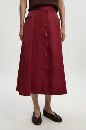 Karen Millen UK SALE Cotton & Faux Leather Tab Full Maxi Skirt - burgundy