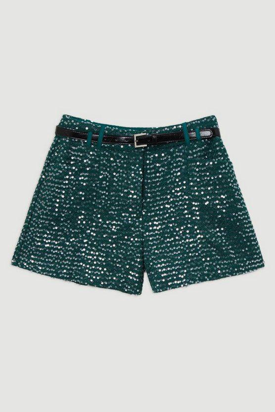 Karen Millen UK SALE Tailored Sequin Tweed Shorts - forest