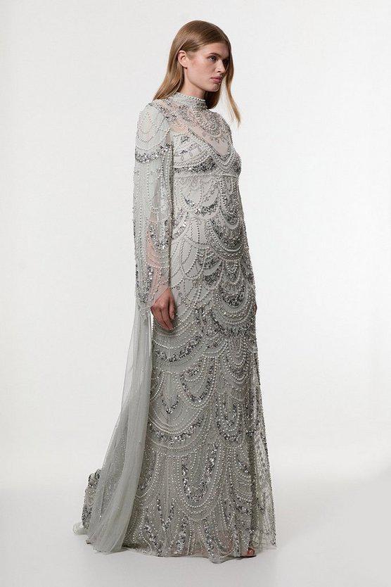 Karen Millen UK SALE Premium Beaded Embellished Woven Midaxi Cape Dress