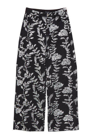 Karen Millen UK SALE Denim All Over Floral Sequin Wide Leg Trousers - black