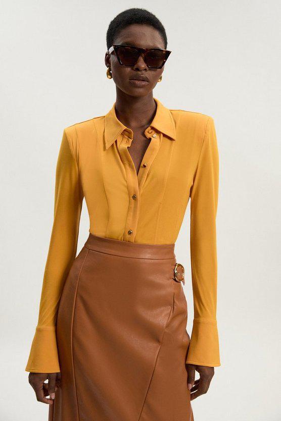 Karen Millen UK SALE Power Shoulder Drapey Crepe Seam Detail Shirt - mango