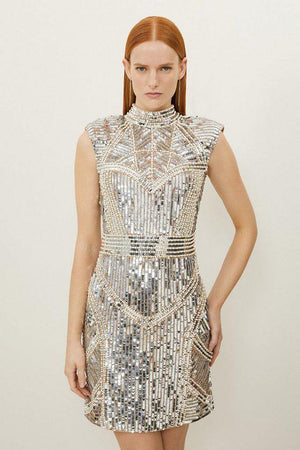 Karen Millen UK SALE Embellished Sequin And Beaded Strong Shoulder Mini Dress - nude