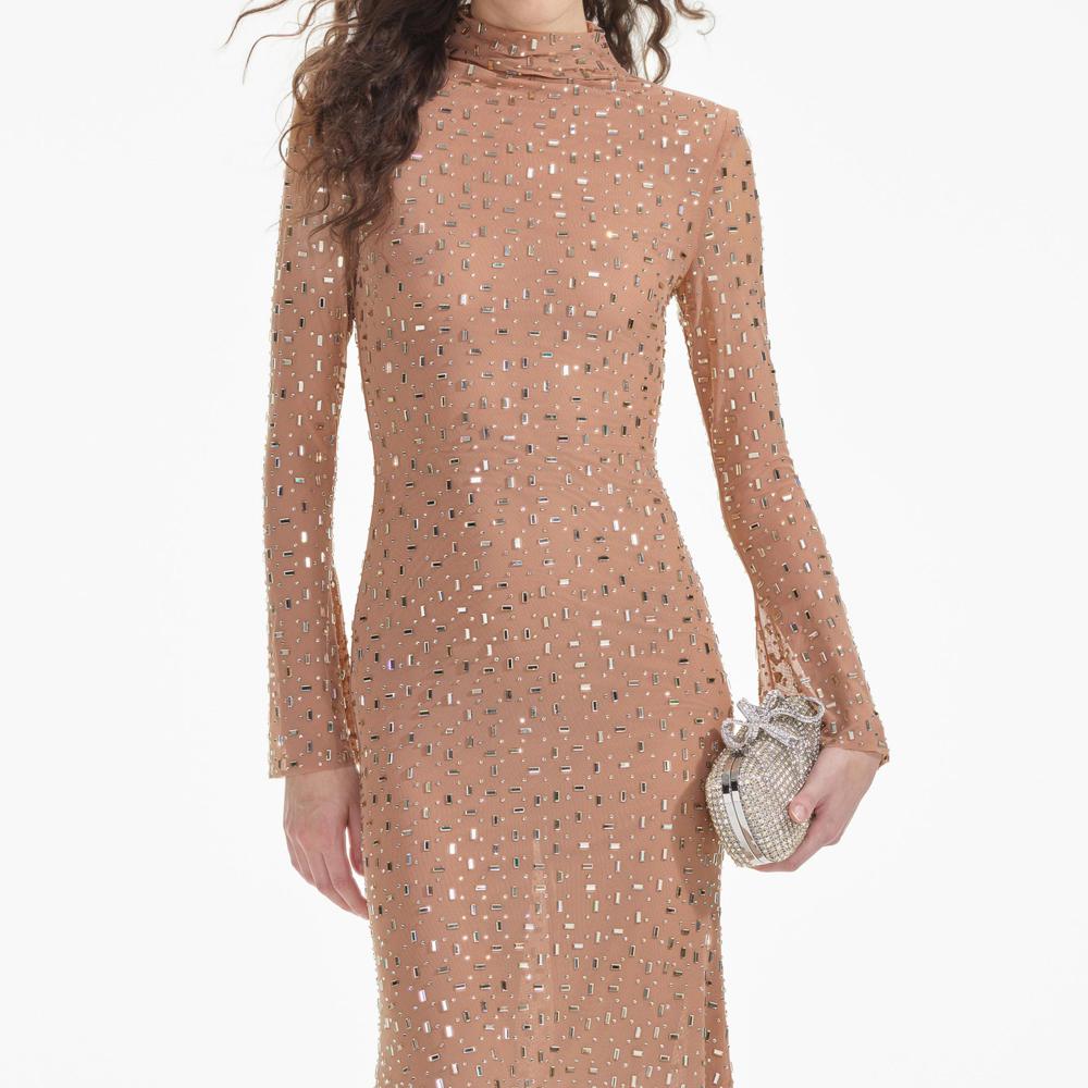 SELF PORTRAIT BLACK FRIDAY SALE Gold Square Rhinestone Mesh Midi Dress