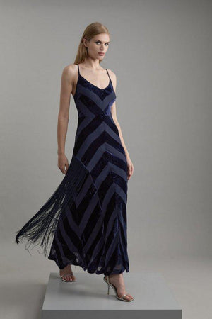 Karen Millen UK SALE Tall Fringed Velvet Devore Woven Maxi Dress