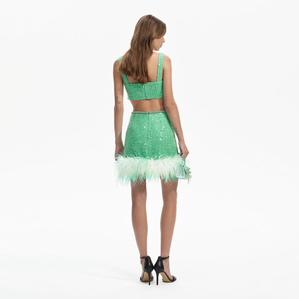 SELF PORTRAIT BLACK FRIDAY SALE Green Boucle Feather Mini Skirt