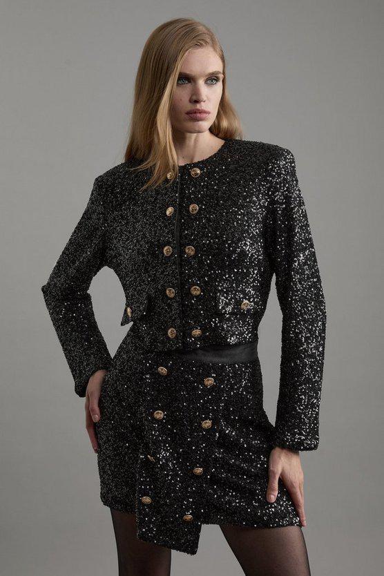 Karen Millen UK SALE Tailored Sequin Cropped Blazer - black