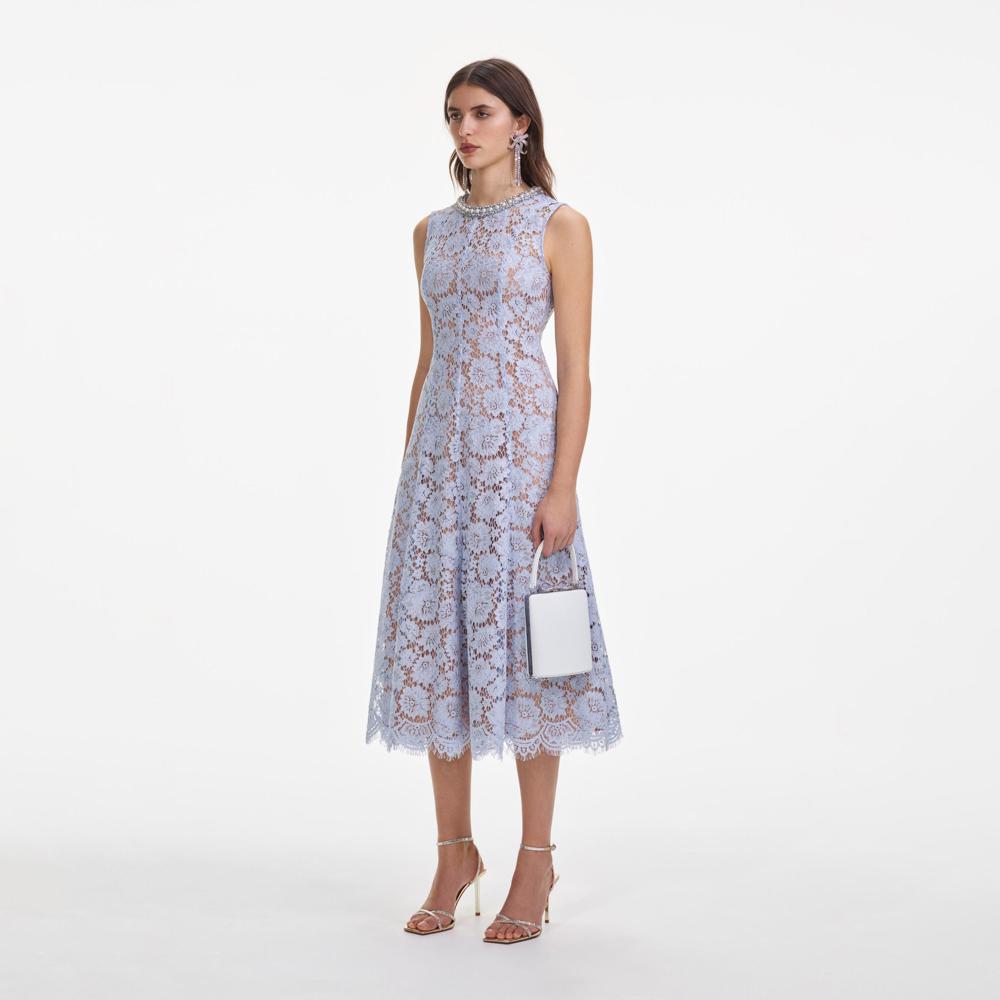 SELF PORTRAIT SS25 VIP PRICE Blue Fine Lace Pearl Midi Dress