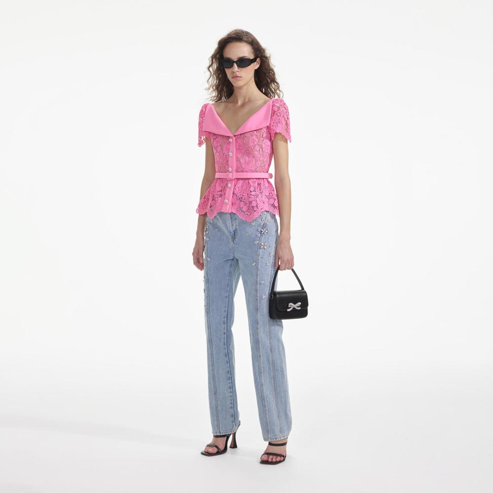 SELF PORTRAIT SS24 Pink Lace Open Neck Top