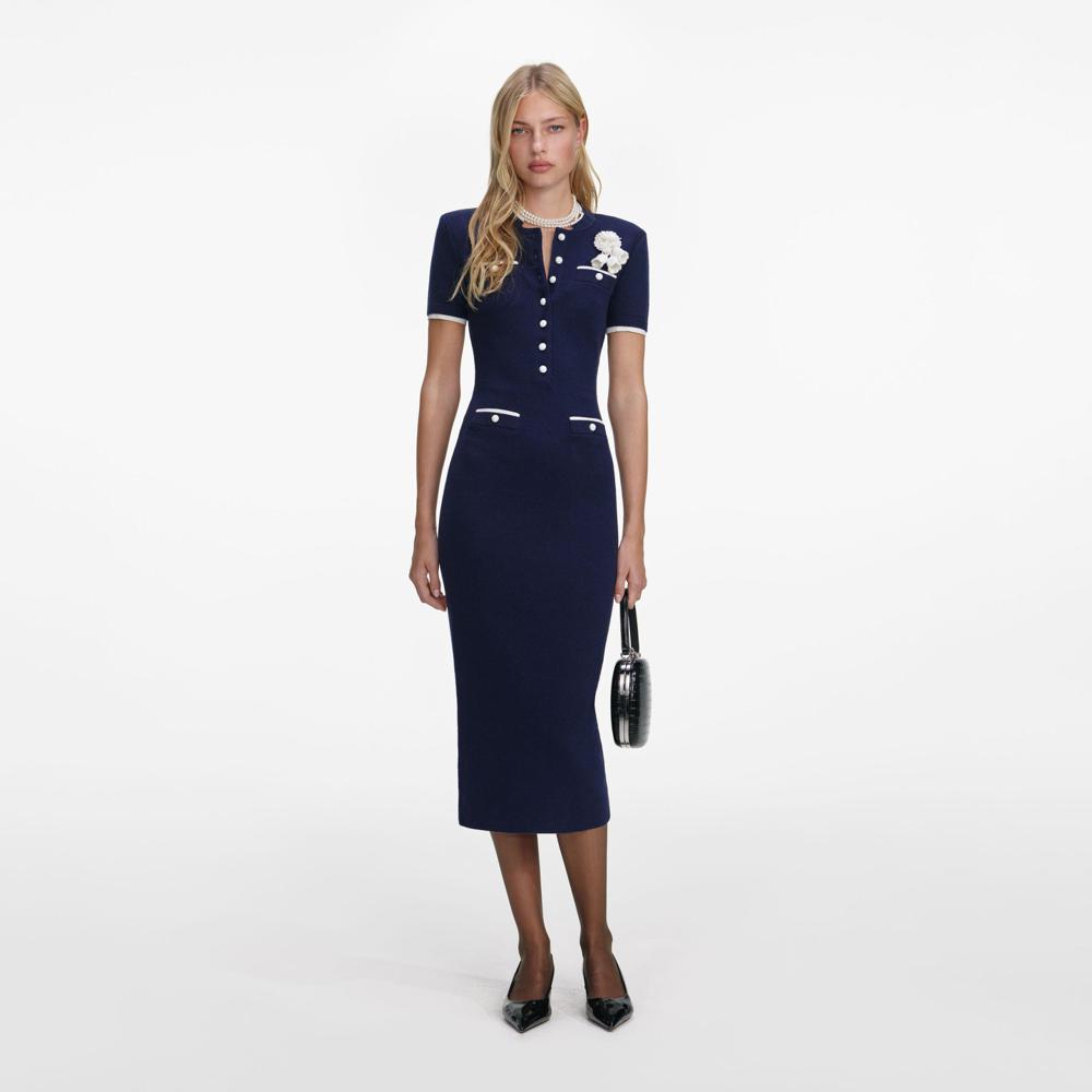 SP VIP PRICE Navy Crochet Flower Knit Midi Dress