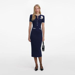 SP VIP PRICE Navy Crochet Flower Knit Midi Dress