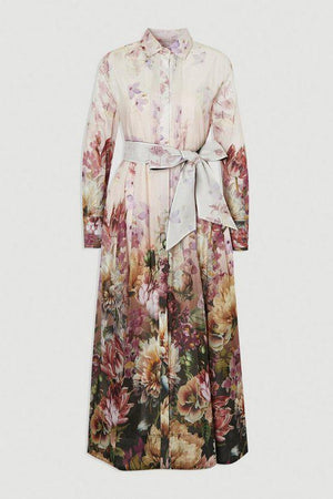 Karen Millen UK SALE Petite Floral Print Silk Cotton Long Sleeve Woven Maxi Dress