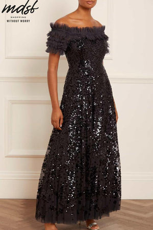 Needle & Thread CHRISTMAS SALE Sequin Wreath Off-Shoulder Gown - black