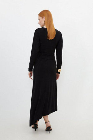 Karen Millen UK SALE Jersey Crepe Ruched Long Sleeve Midi Dress - black