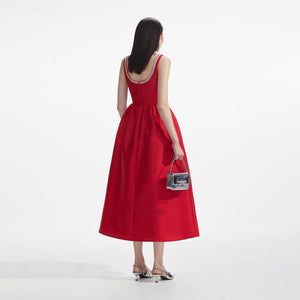 SELF PORTRAIT SS24 Red Taffeta Diamante Midi Dress