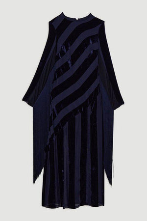 Karen Millen UK SALE Petite Fringed Velvet Devore Long Sleeve Woven Maxi Dress