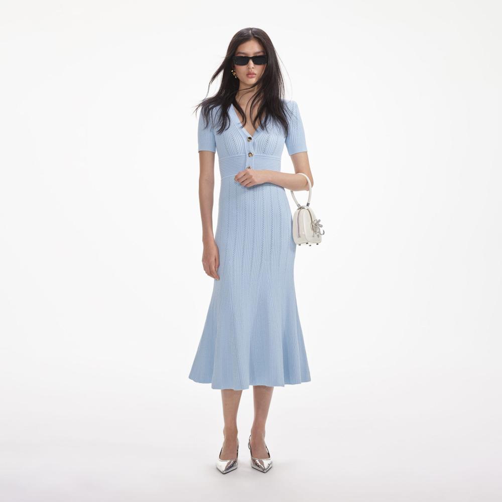 SELF PORTRAIT SS24 Blue Pointelle Knit Midi Dress