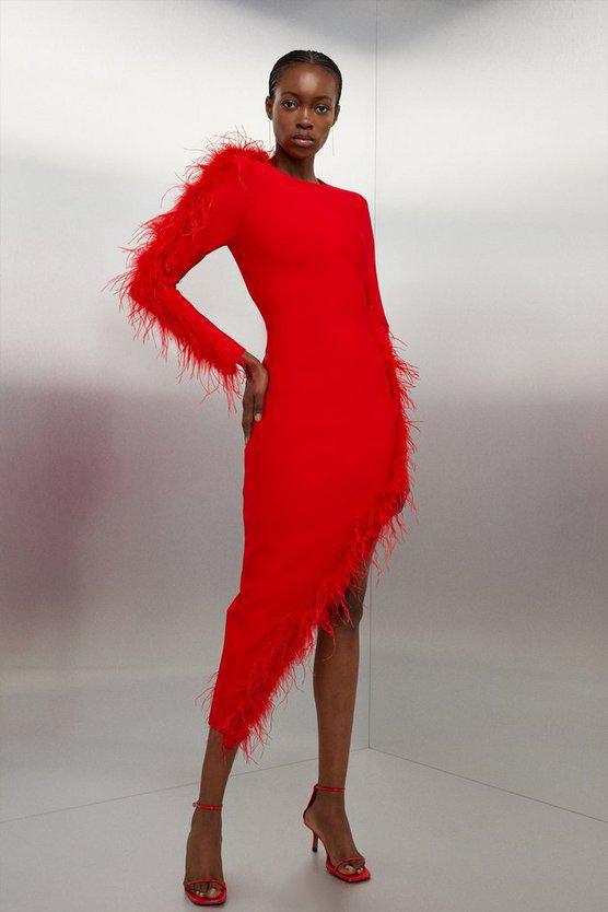 Karen Millen UK SALE Figure Form Bandage Knit Split Feather Hem Midi Dress - red