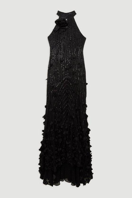 Karen Millen UK SALE Floral Applique Crystal Embellished Woven Maxi Rosette Maxi Dress - black