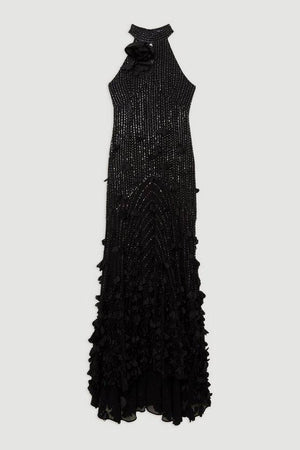 Karen Millen UK SALE Floral Applique Crystal Embellished Woven Maxi Rosette Maxi Dress - black