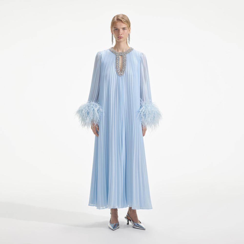 SELF PORTRAIT SS24 Blue Chiffon Feather Midi Dress