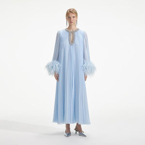 SELF PORTRAIT SS24 Blue Chiffon Feather Midi Dress