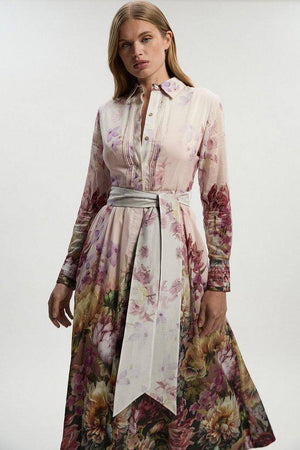 Karen Millen UK SALE Petite Floral Print Silk Cotton Long Sleeve Woven Maxi Dress