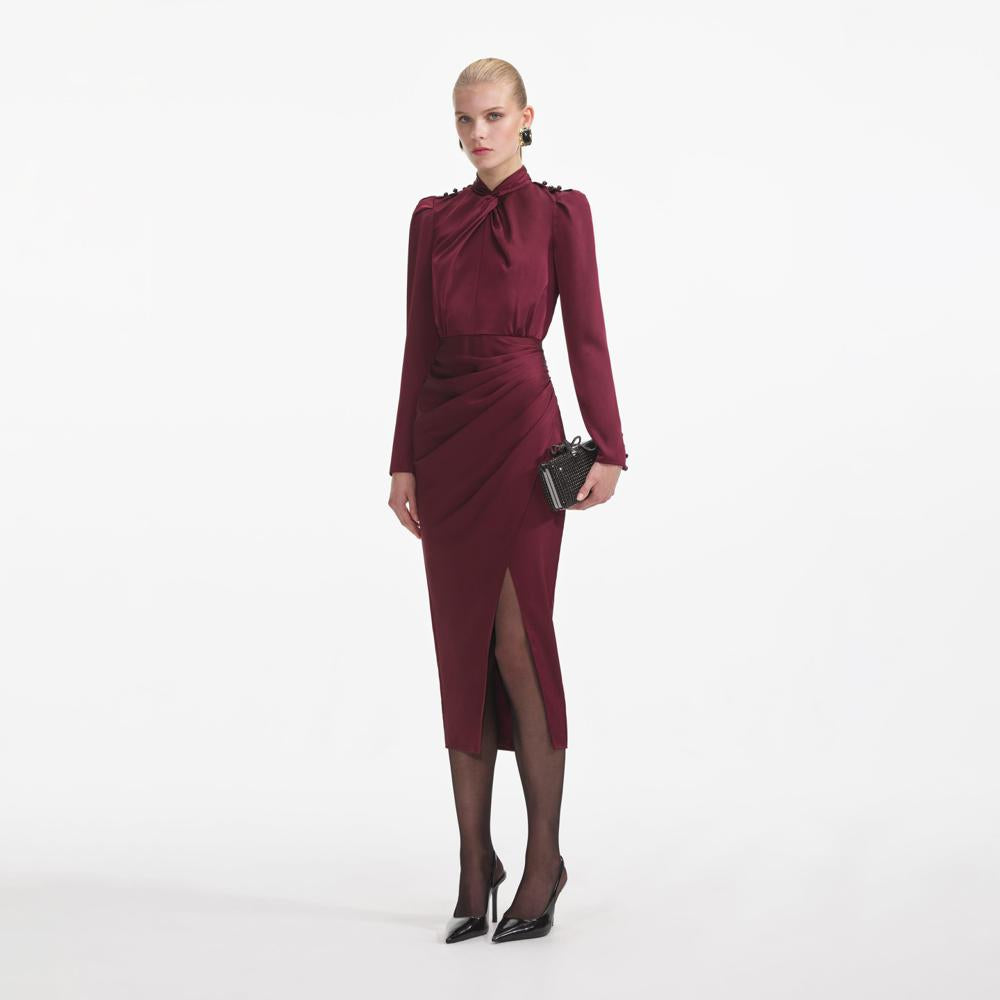 SELF PORTRAIT SS24 Burgundy Satin Midi Dress