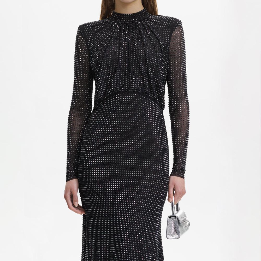 SELF PORTRAIT BLACK FRIDAY SALE Black Rhinestone Mesh Long Sleeve Midi Dress