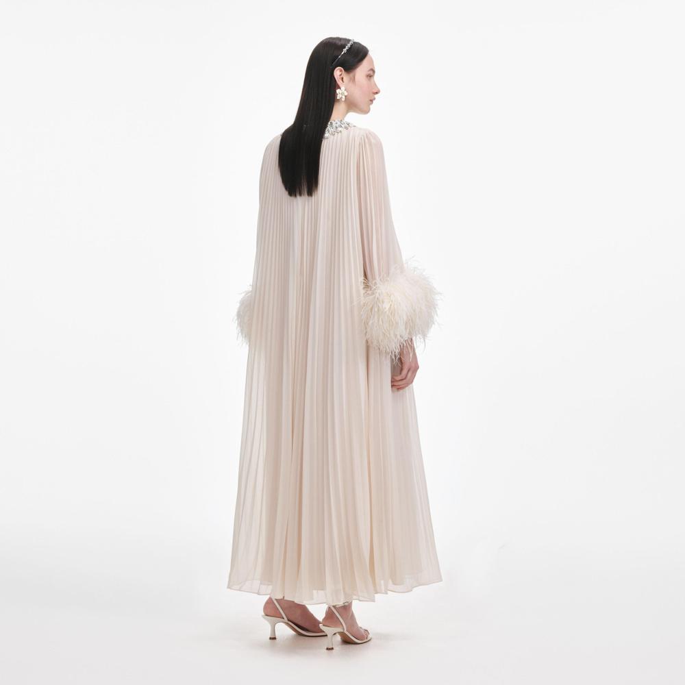 SP VIP PRICE Cream Chiffon Feather Midi Dress