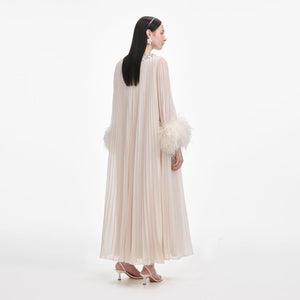 SP VIP PRICE Cream Chiffon Feather Midi Dress